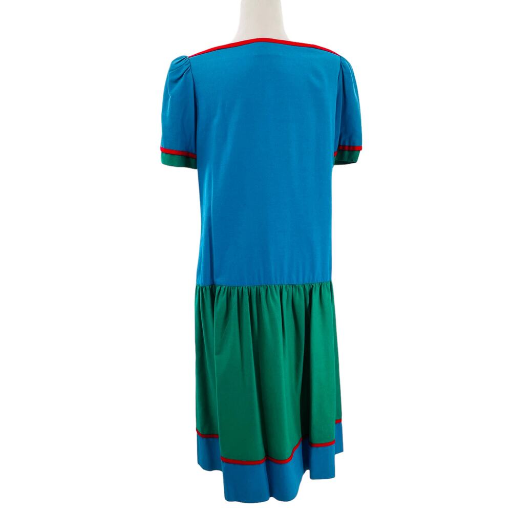 Vintage 90s Sasson Blue Green Silk Colorblock Drop Waist Shift Dress Women M/L - Picture 4 of 8